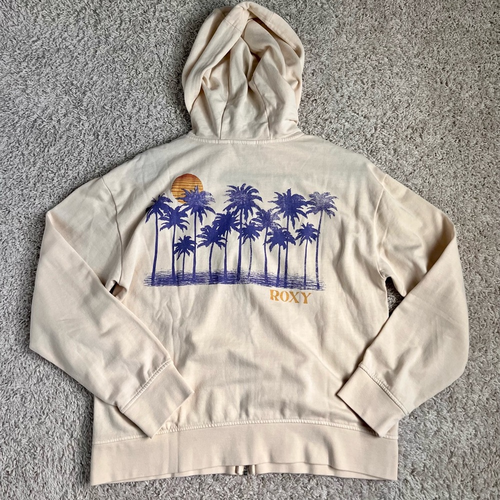 Roxy Beige Hoodie with Purple Palm Design